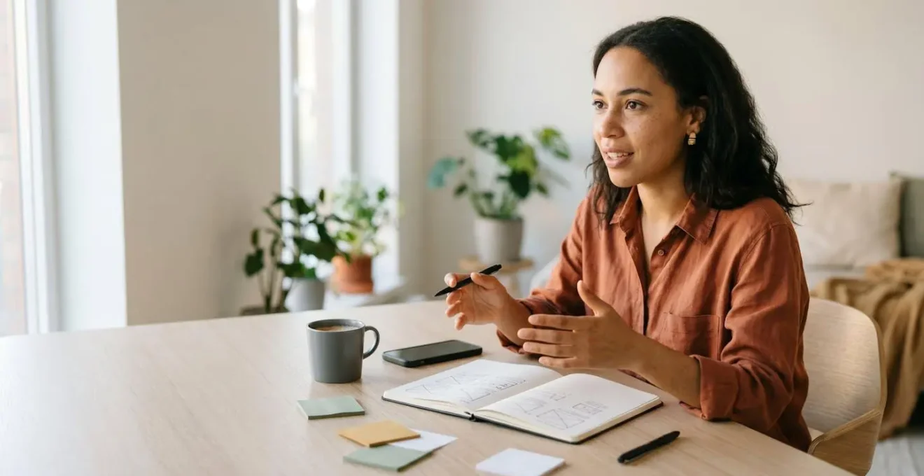 Femme entrepreneure travaillant sur son projet de startup avec ordinateur portable et notes créatives