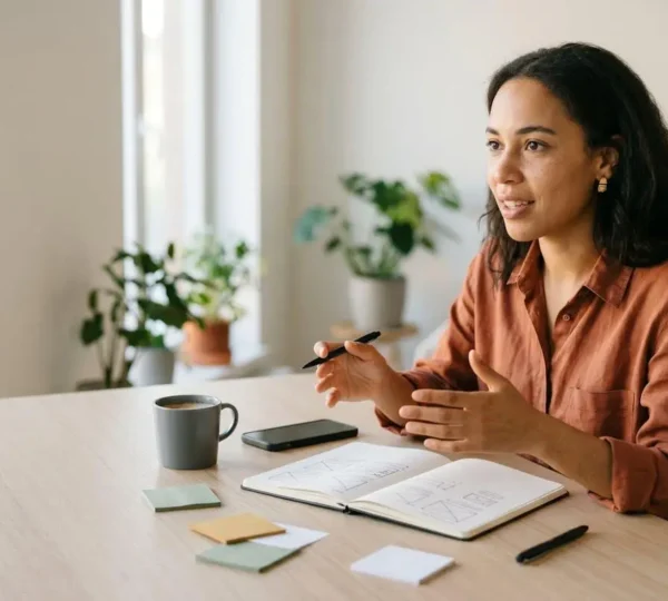 Femme entrepreneure travaillant sur son projet de startup avec ordinateur portable et notes créatives