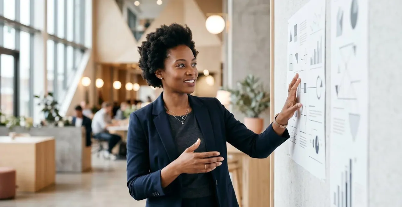 Une femme entrepreneure confiante présente son projet devant un tableau stratégique dans un espace professionnel moderne et lumineux