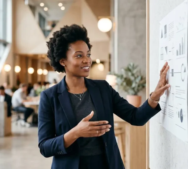 Une femme entrepreneure confiante présente son projet devant un tableau stratégique dans un espace professionnel moderne et lumineux