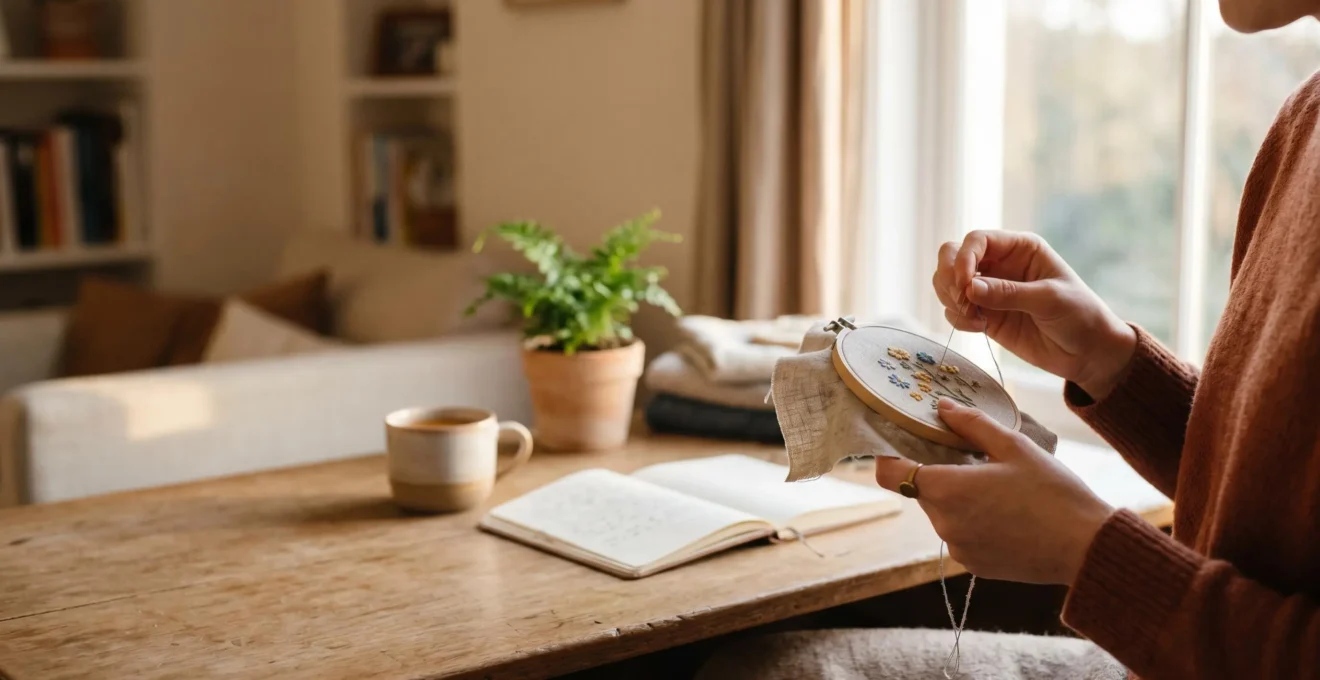 Mains féminines pratiquant une activité créative dans une atmosphère apaisante du dimanche soir