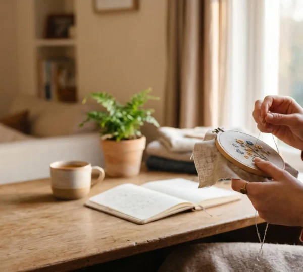 Mains féminines pratiquant une activité créative dans une atmosphère apaisante du dimanche soir