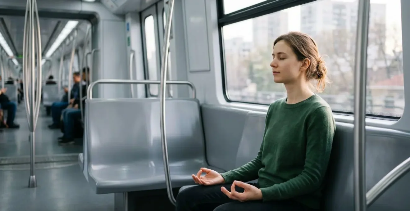 Voyageuse pratiquant la méditation en pleine conscience dans un espace de transport urbain