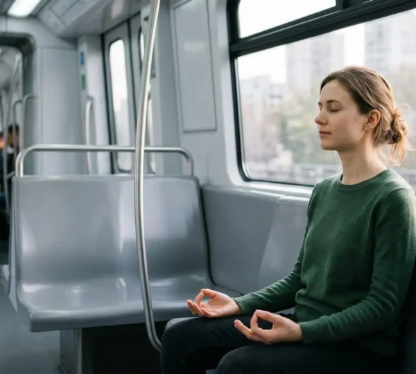 Voyageuse pratiquant la méditation en pleine conscience dans un espace de transport urbain