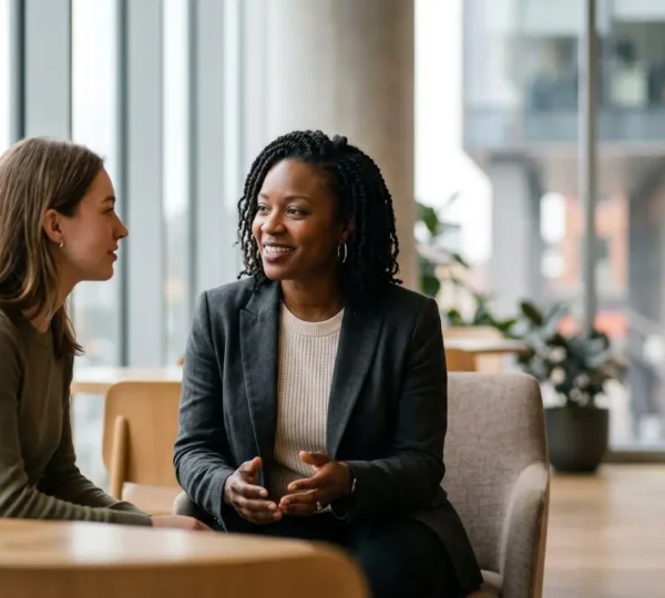 Deux femmes professionnelles engagées dans une conversation inspirante symbolisant le mentorat et l'égalité des chances
