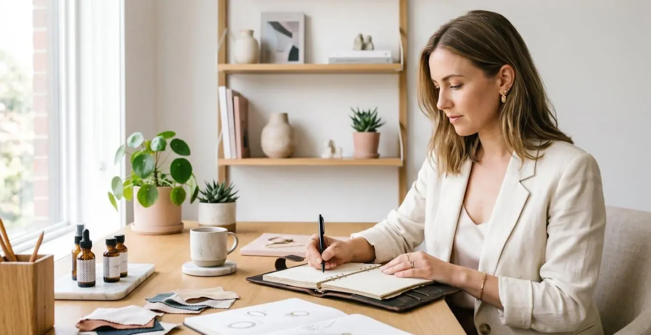 Une femme entrepreneure planifiant ses objectifs avec détermination dans un espace créatif moderne