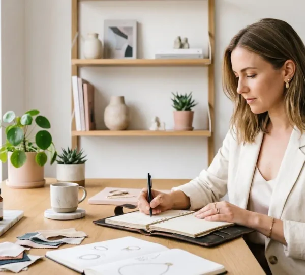 Une femme entrepreneure planifiant ses objectifs avec détermination dans un espace créatif moderne