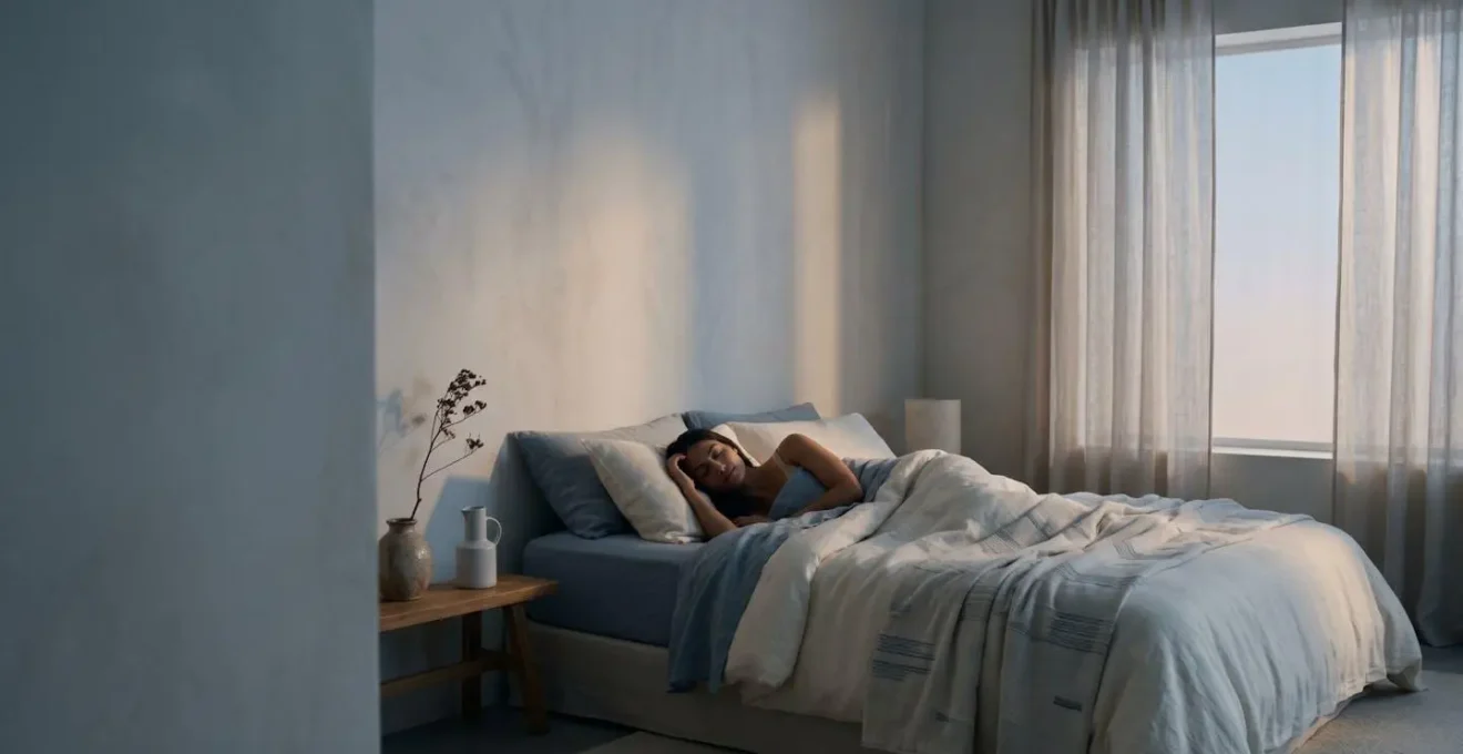 Femme pratiquant une technique de relaxation profonde dans une chambre sereine, ambiance apaisante favorisant l'endormissement naturel