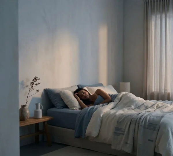 Femme pratiquant une technique de relaxation profonde dans une chambre sereine, ambiance apaisante favorisant l'endormissement naturel