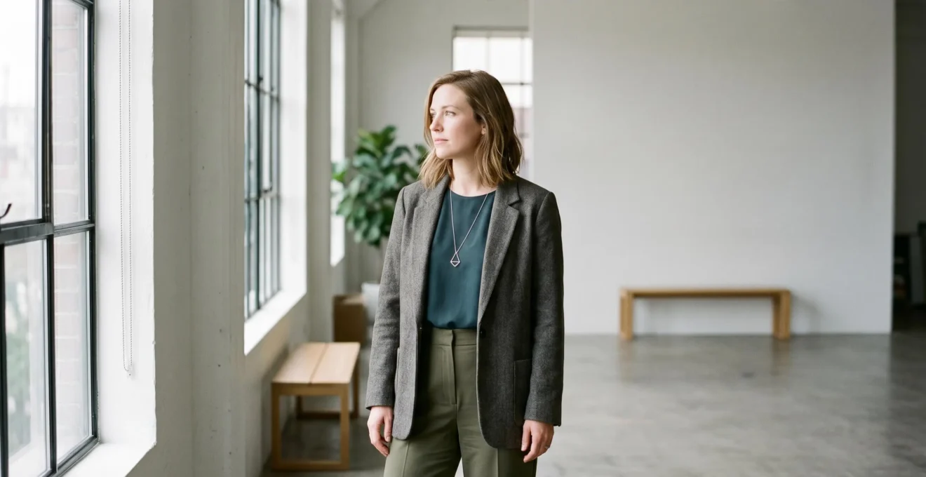 Femme professionnelle dans un espace minimaliste avec un regard pensif et une posture confiante illustrant l'approche introvertie du networking