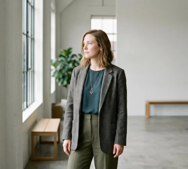 Femme professionnelle dans un espace minimaliste avec un regard pensif et une posture confiante illustrant l'approche introvertie du networking