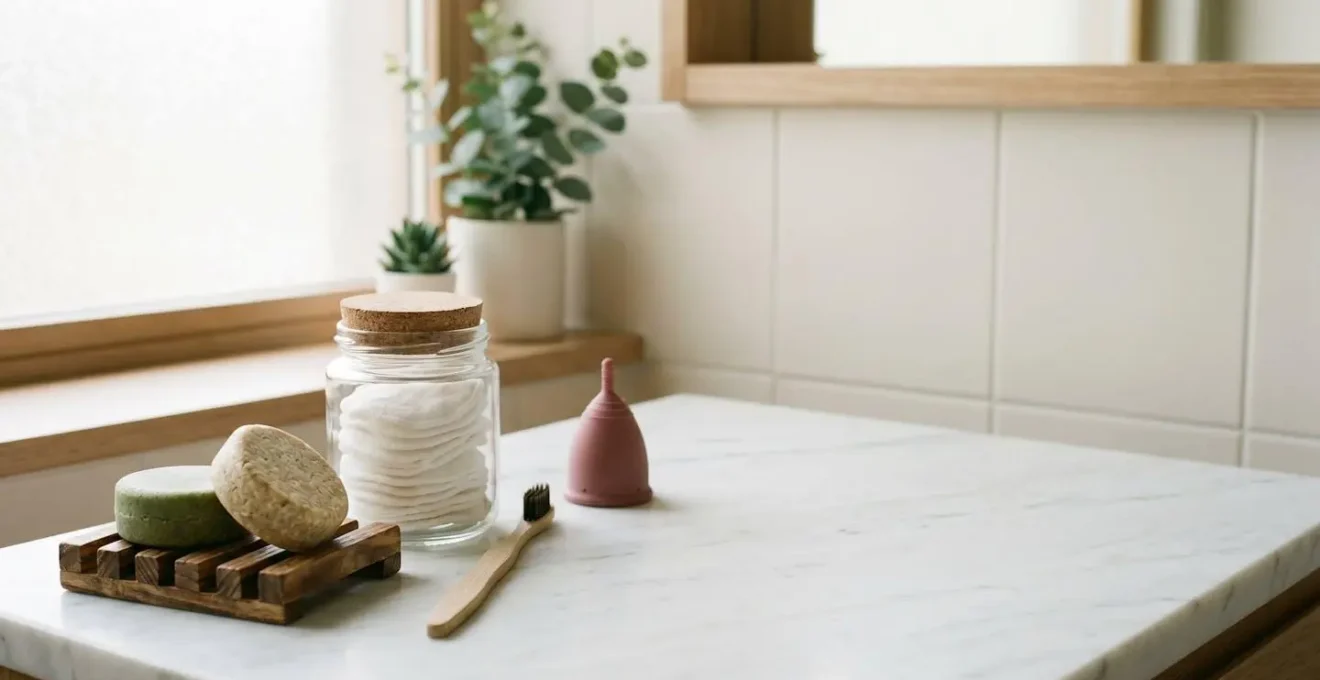 Salle de bain épurée avec accessoires zéro déchet et produits solides naturels