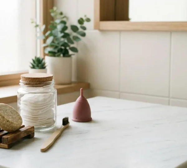 Salle de bain épurée avec accessoires zéro déchet et produits solides naturels