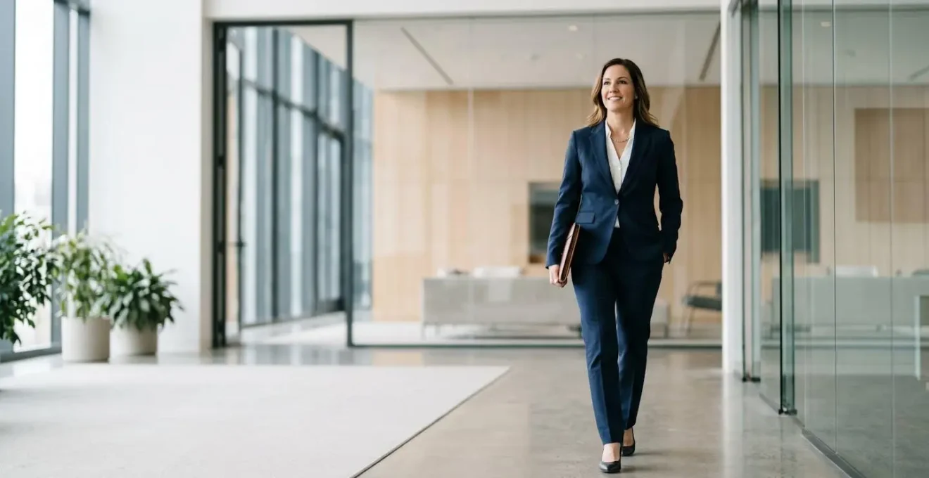 Femme professionnelle en tailleur élégant marchant avec assurance dans un environnement de bureau contemporain