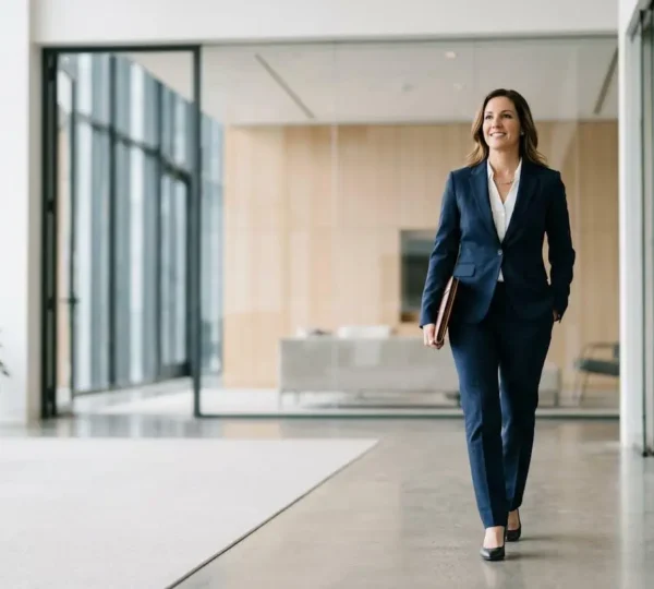 Femme professionnelle en tailleur élégant marchant avec assurance dans un environnement de bureau contemporain