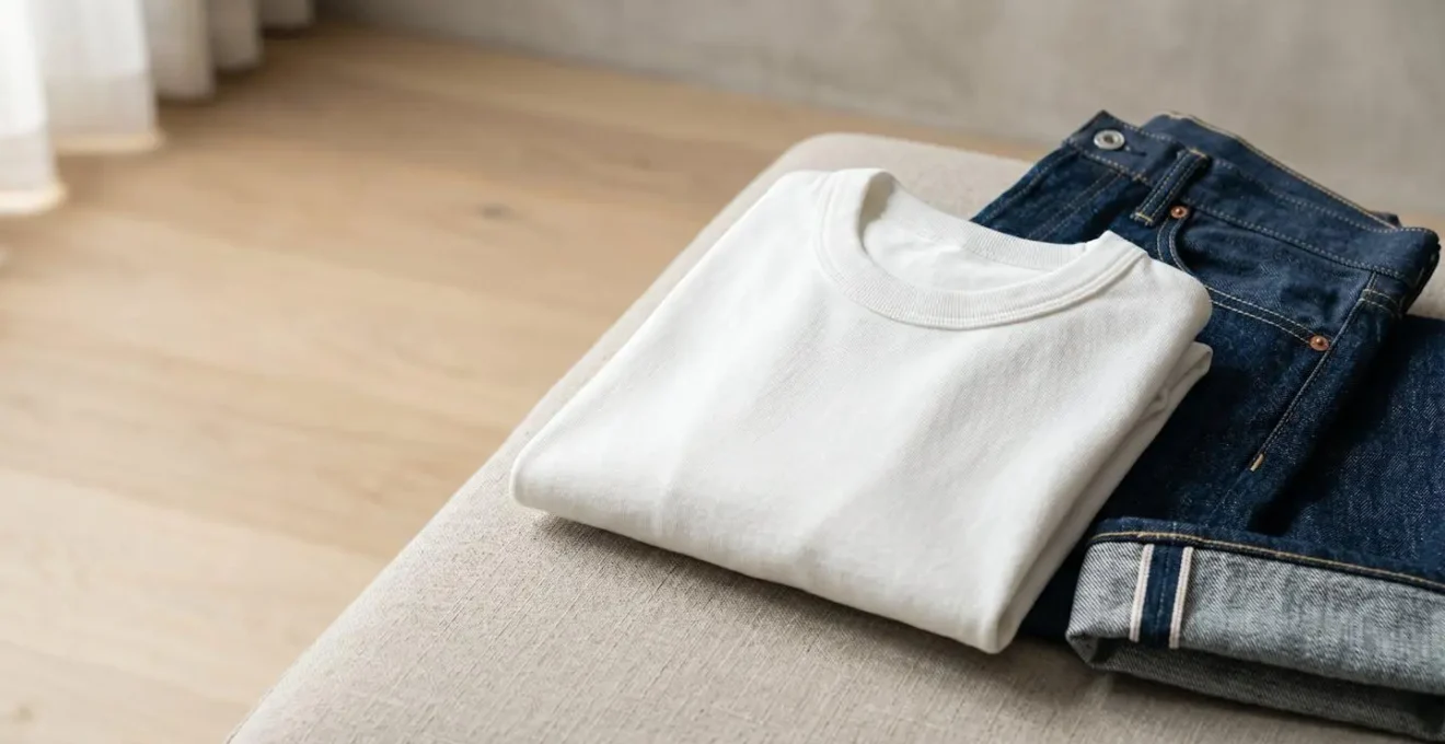Photographie éditoriale d'un t-shirt blanc de qualité et d'un jean brut posés sur une surface minimaliste avec éclairage naturel
