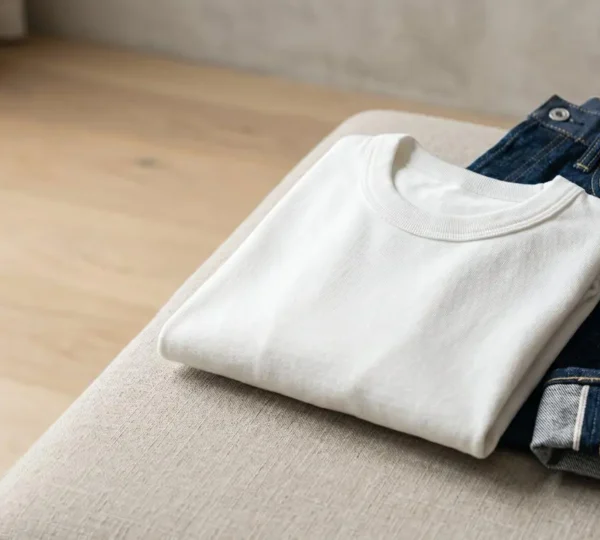 Photographie éditoriale d'un t-shirt blanc de qualité et d'un jean brut posés sur une surface minimaliste avec éclairage naturel