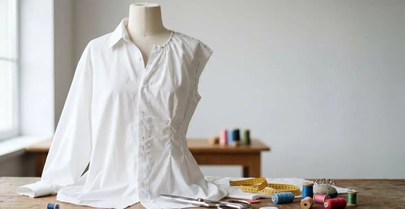 Vue rapprochée d'une chemise d'homme blanche transformée avec des détails de couture créatifs et des modifications féminines