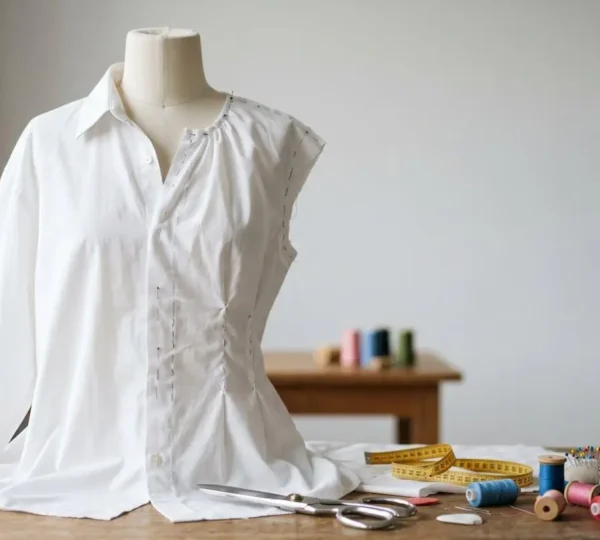 Vue rapprochée d'une chemise d'homme blanche transformée avec des détails de couture créatifs et des modifications féminines