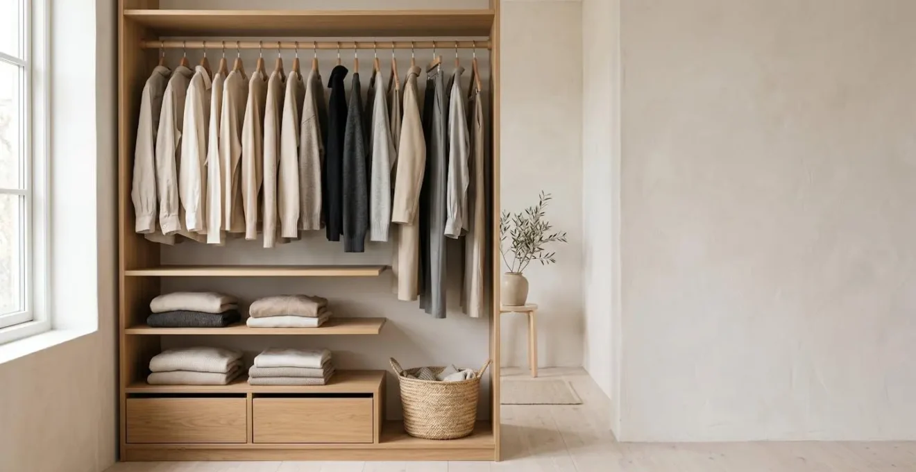 Dressing minimaliste et organisé avec quelques vêtements soigneusement pliés et rangés, évoquant la sérénité et le désencombrement