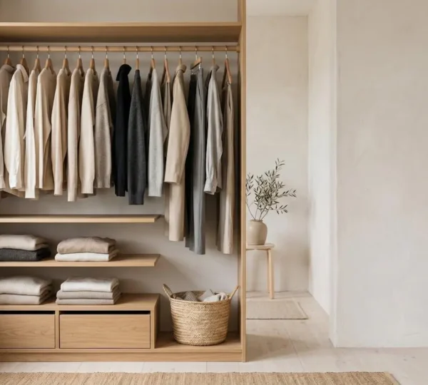 Dressing minimaliste et organisé avec quelques vêtements soigneusement pliés et rangés, évoquant la sérénité et le désencombrement