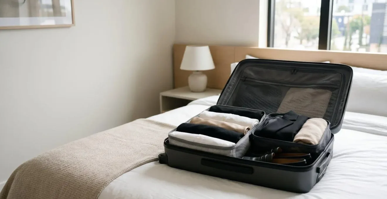 Valise cabine ouverte avec garde-robe professionnelle soigneusement organisée pour voyage d'affaires