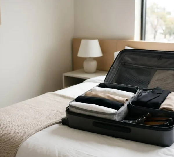Valise cabine ouverte avec garde-robe professionnelle soigneusement organisée pour voyage d'affaires