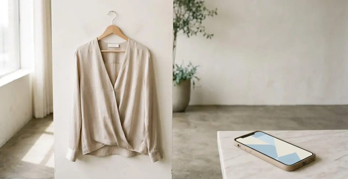 Mise en scène minimaliste et élégante montrant un smartphone posé sur une surface neutre photographiant un vêtement féminin suspendu, avec lumière naturelle et composition épurée