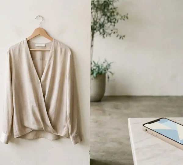 Mise en scène minimaliste et élégante montrant un smartphone posé sur une surface neutre photographiant un vêtement féminin suspendu, avec lumière naturelle et composition épurée