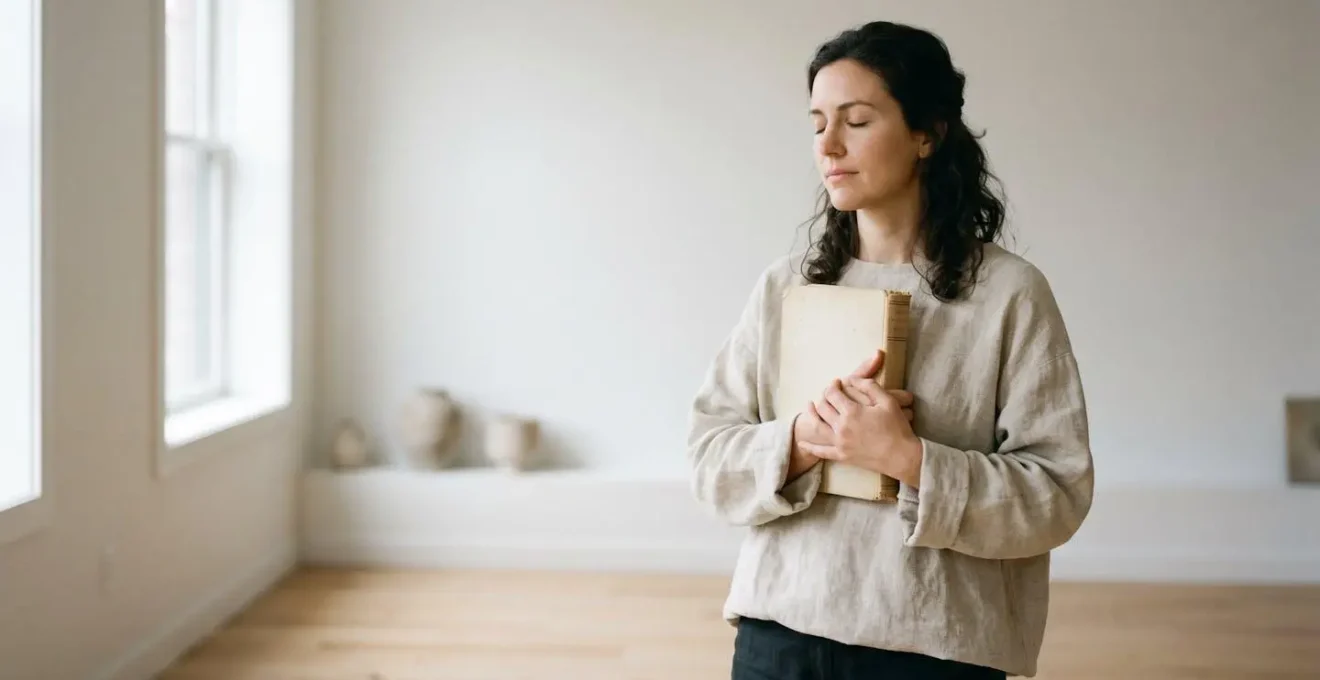 Femme contemplative dans un espace minimaliste lumineux symbolisant la clarté mentale et les choix intentionnels