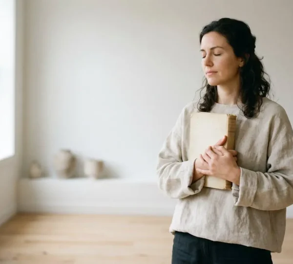 Femme contemplative dans un espace minimaliste lumineux symbolisant la clarté mentale et les choix intentionnels